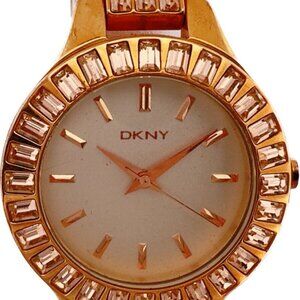 Dkny Ladies Quartz Wristwatch NY-8441 Gold Tone w Pink Jeweled Case and Band